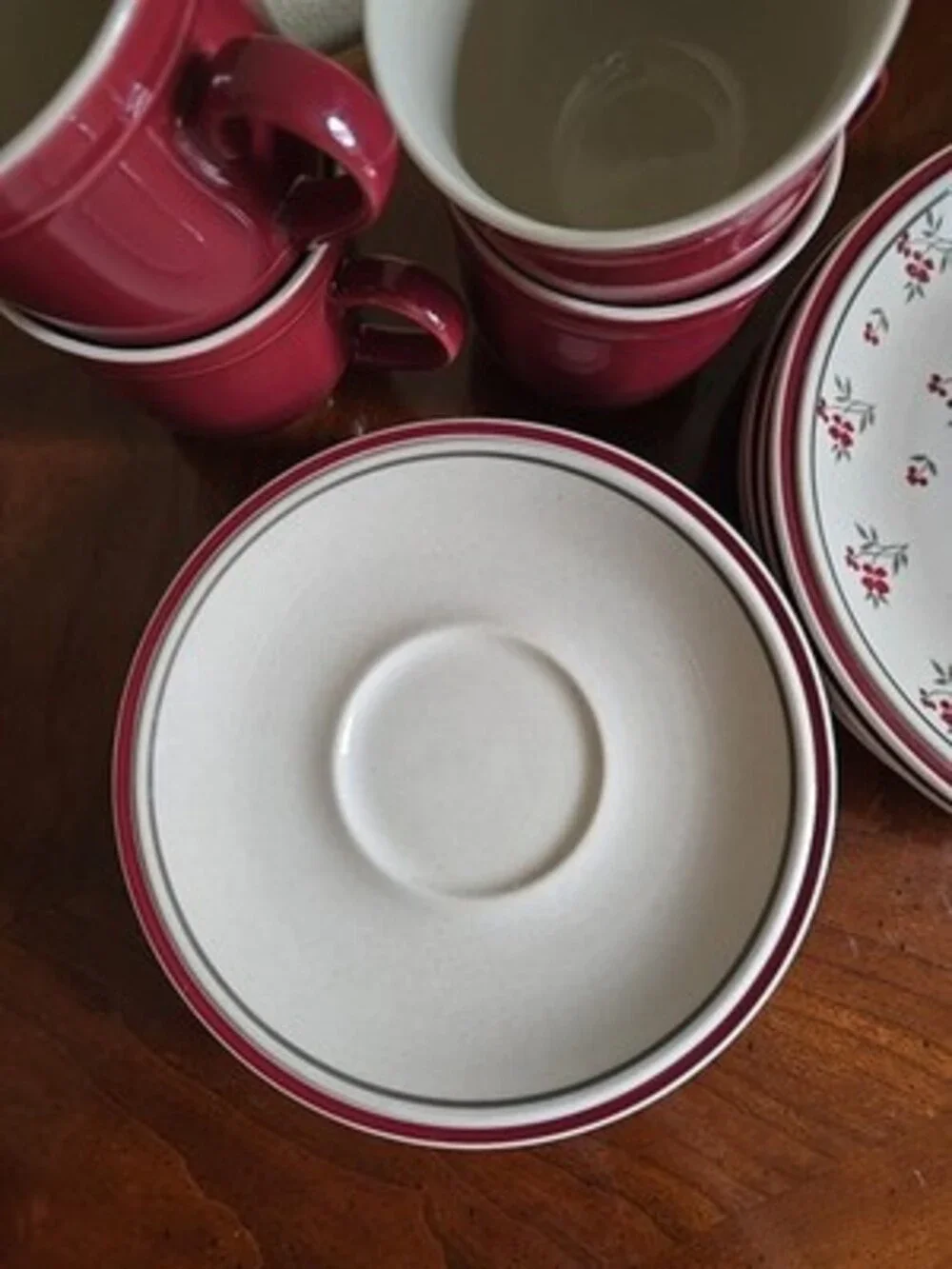 Burgundy Red Salad Plates, Teacups & Saucer Floral Newcor Stoneware 12 Pieces